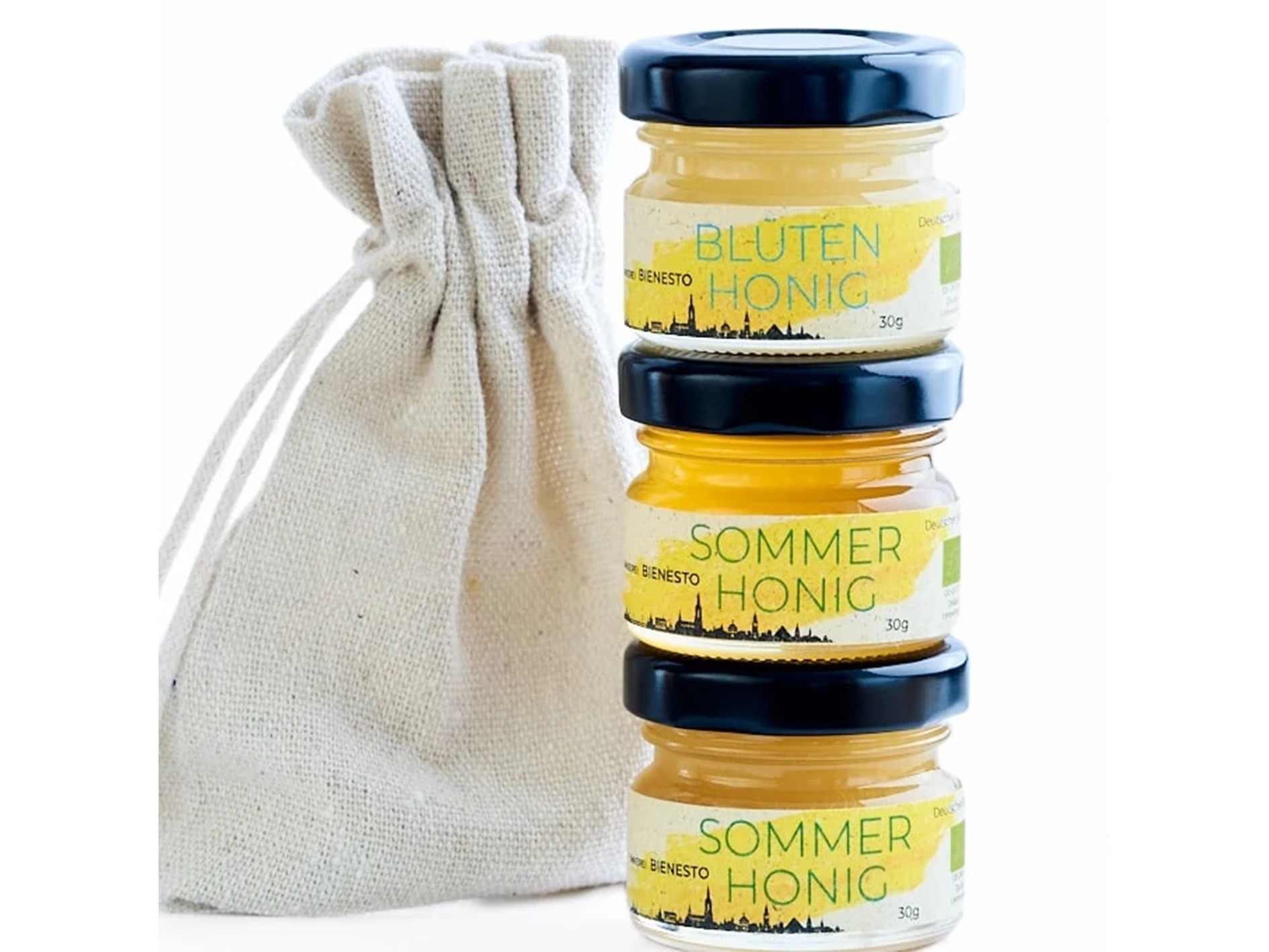 Honig Geschenkset: 3 Minigläser Honig im Leinentäschchen | 3 x 50g