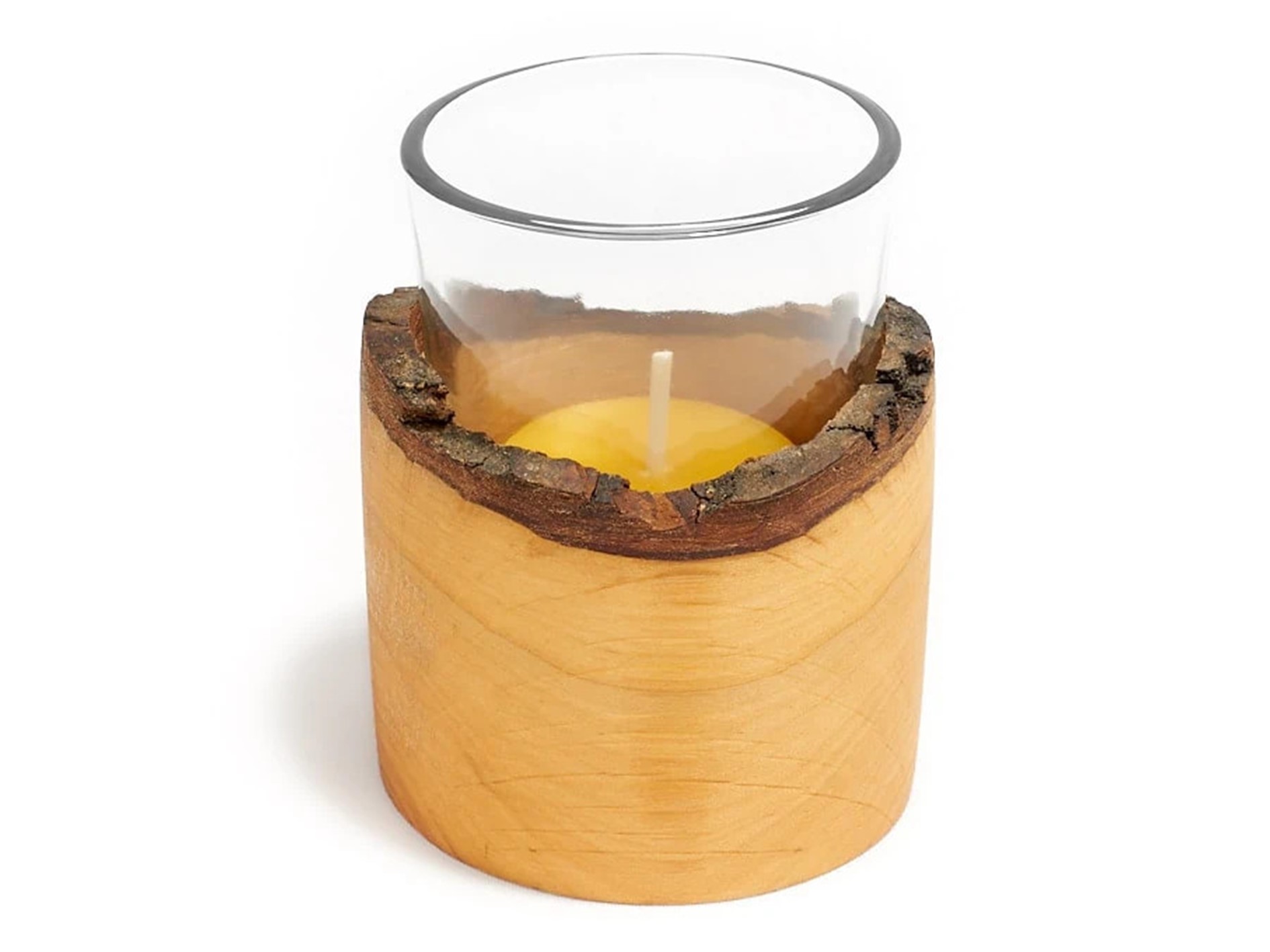 Teelichthalter aus Holz mit Glas & Teelicht | 1 Stück
